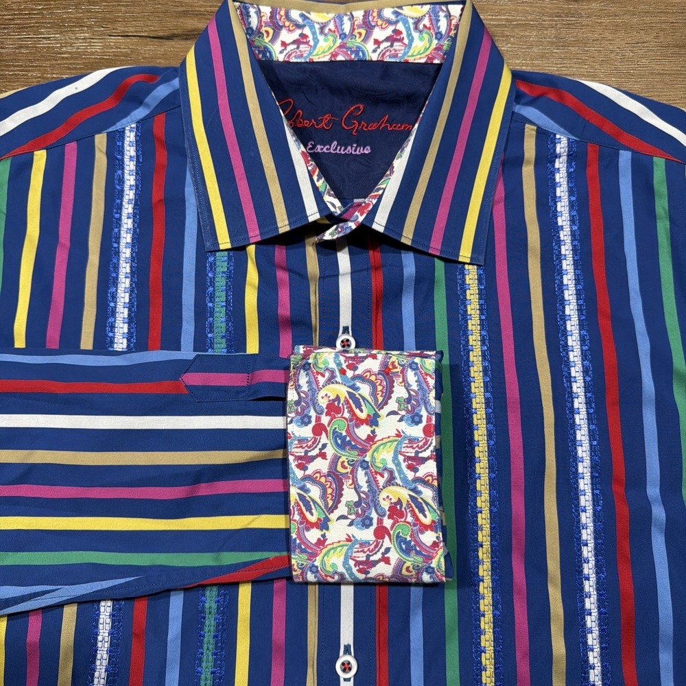 Robert Graham Exclusive Men's XL Button Cotton Shirt Striped Paisley Navy Pink